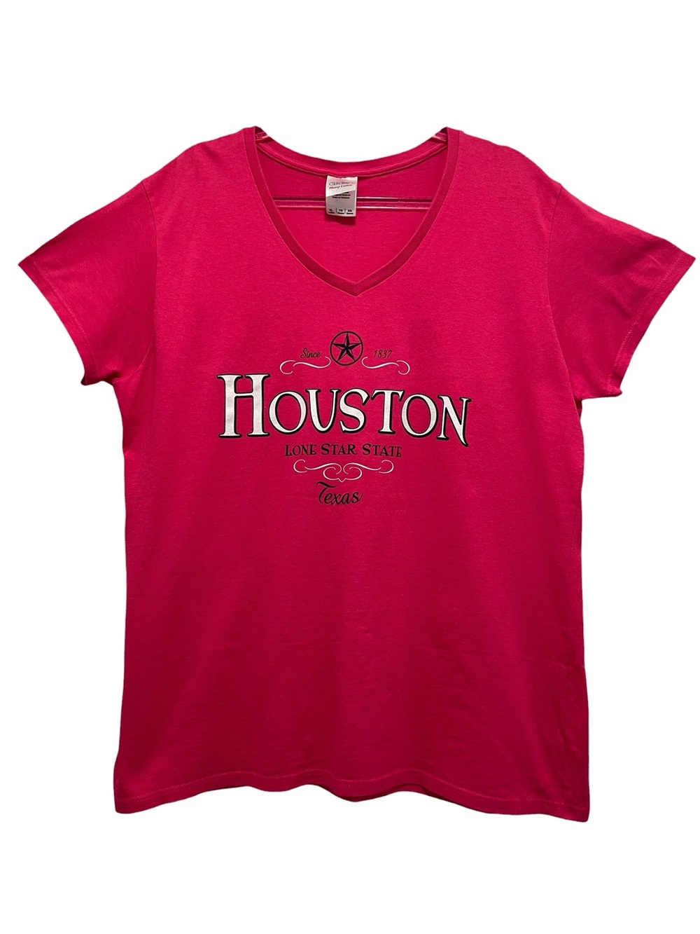 Y2K Hot Pink Houston Texas Graphic Sparkle
Lettering Cotton V-Neck Tee Sz XL